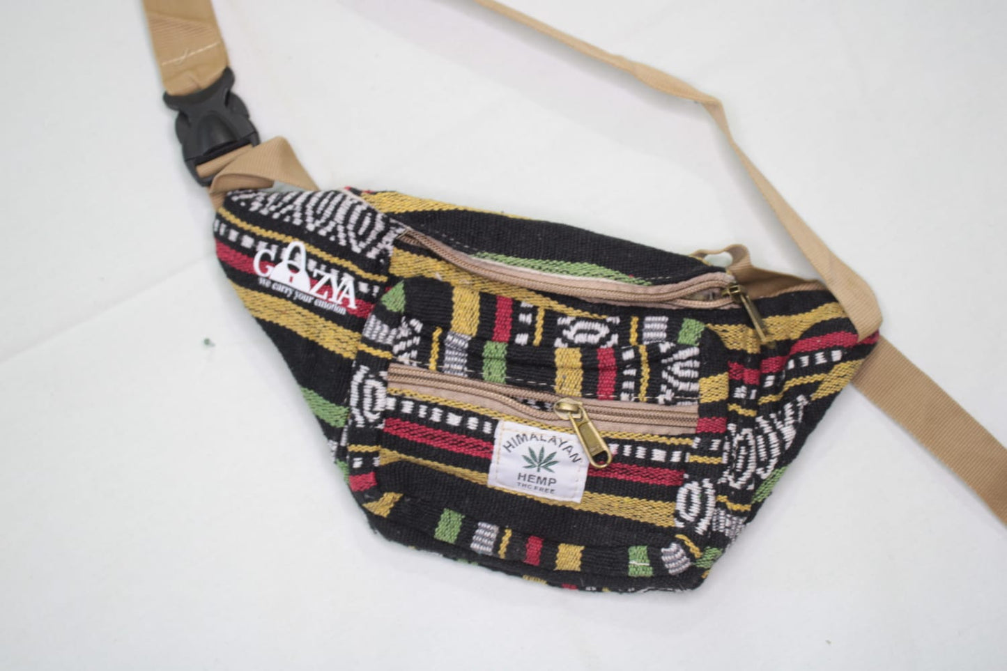 GOZYA Himalayan Travel Waist Bag for Men & Women, Handcrafted Fanny Pack for Men with 100% Pure Hemp Fabric, Durable Hip Waist Bags with Adjustable Handle