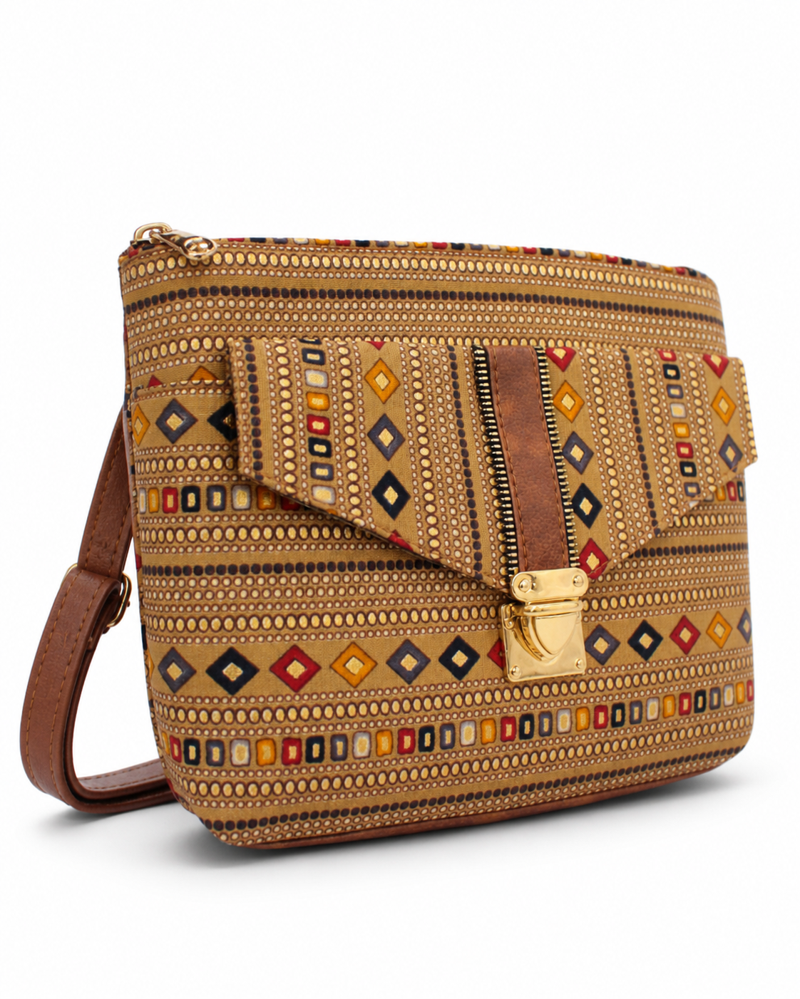 Gozya epic golden bag Women's Hand Crafted Jute Multicolour block print  Flap Sling Bag