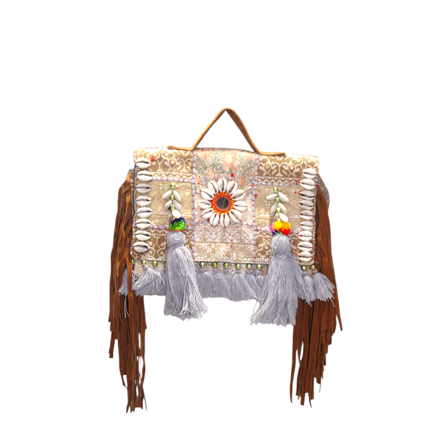 GOZYA Handcrafted Banjara Ethnic vintage Sling Bag Embroidered Gray Floral Design Fringed with Strap Crossbody bag for Girls & Women