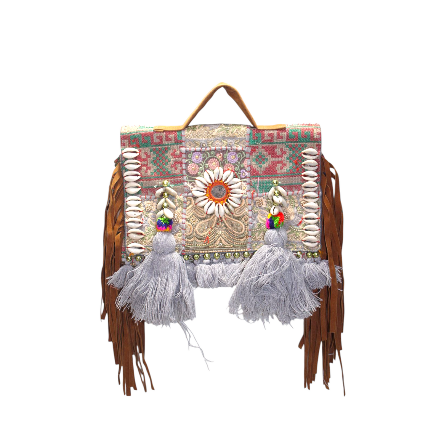 GOZYA Handcrafted Banjara Ethnic vintage Sling Bag Embroidered Gray Floral Design Fringed with Strap Crossbody bag for Girls & Women