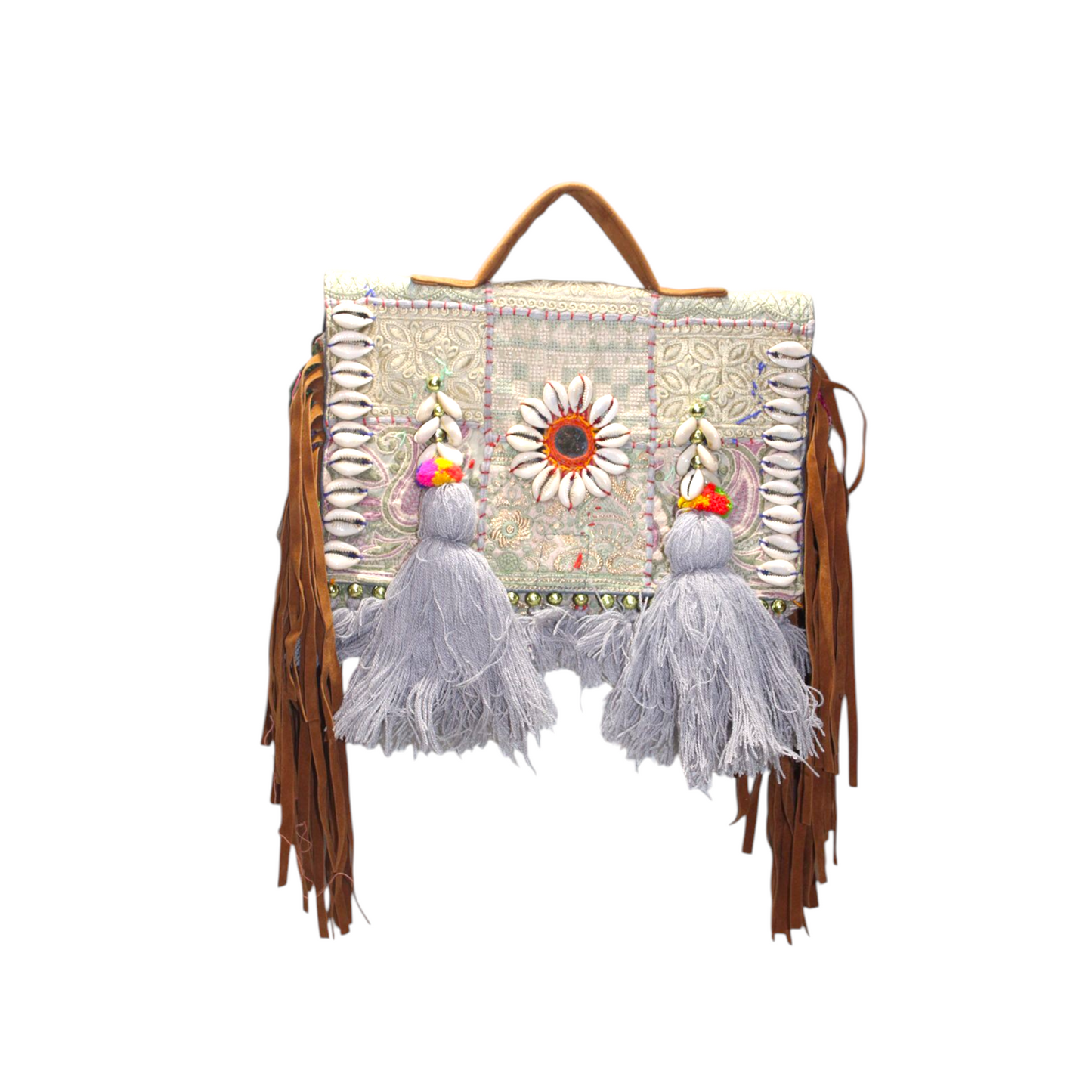 GOZYA Handcrafted Banjara Ethnic vintage Sling Bag Embroidered Gray Floral Design Fringed with Strap Crossbody bag for Girls & Women