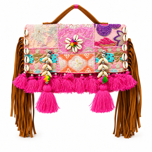 GOZYA Handcrafted Banjara Ethnic vintage Sling Bag Embroidered Floral Design Fringed with Strap Crossbody bag for Girls & Women