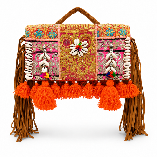 GOZYA Handcrafted Banjara Ethnic vintage Sling Bag Embroidered Floral Design Fringed with Strap Crossbody bag for Girls & Women