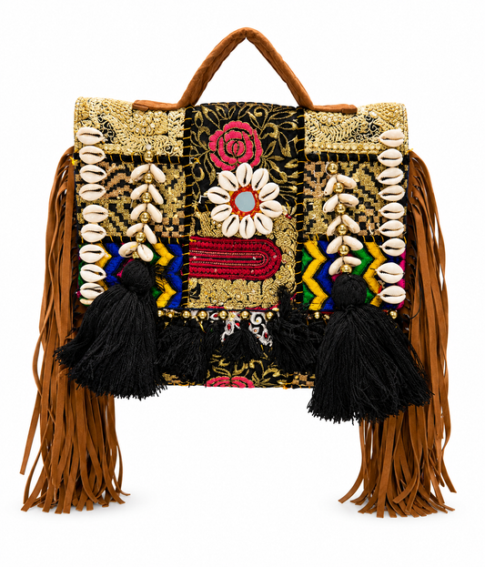 GOZYA Handcrafted Banjara Ethnic vintage Sling Bag Embroidered GZB4 Design Fringed with Strap Crossbody bag for Girls & Women