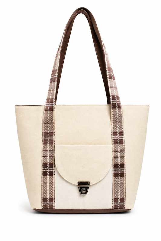 Gozya Plaid-Trimmed Cream Canvas Tote