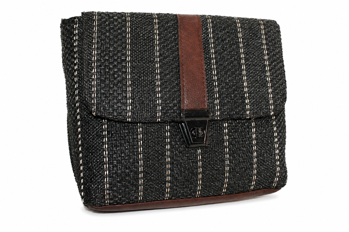 Gozya Black color with white lines Women's Hand Crafted Jute Flap Sling Bag