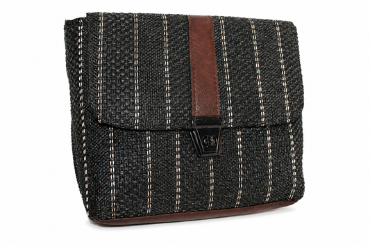 Gozya Black color with white lines Women's Hand Crafted Jute Flap Sling Bag