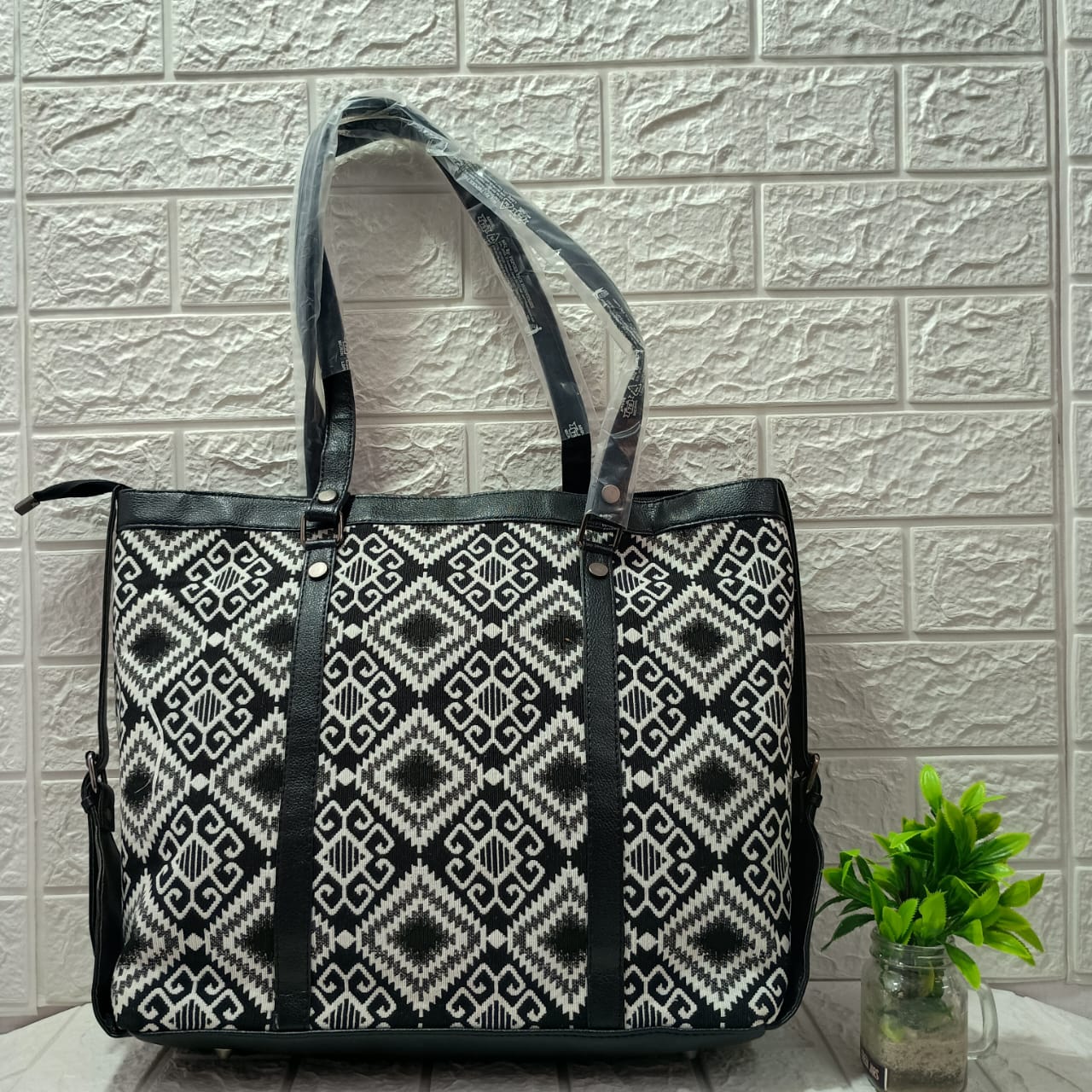 Gozya Black & White Block Handcraft Tote Bag with Elegant Design